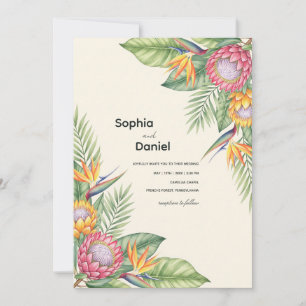 Tropical Watercolor Protea and Bird of Paradise Invitation