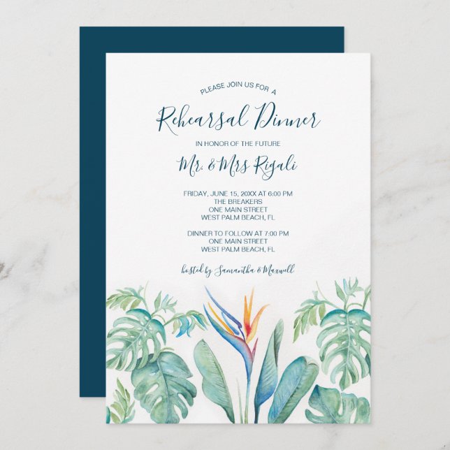 Tropical Watercolor Rehearsal Dinner Invitation (Front/Back)