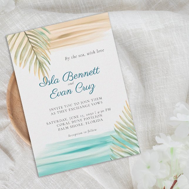 Tropical Watercolor Sage Green Palm Beach Wedding Invitation (Creator Uploaded)