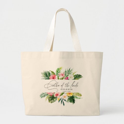 Tropical watercolor script mother of the bride large tote bag