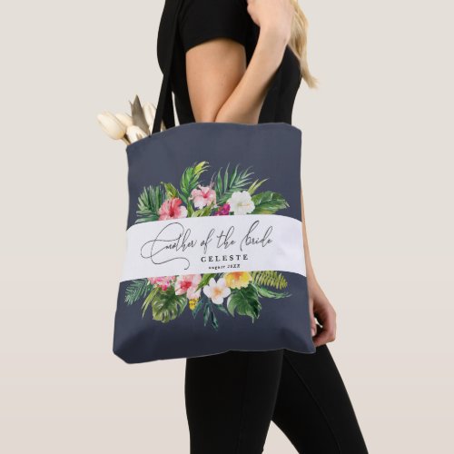 Tropical watercolor script mother of the bride tote bag