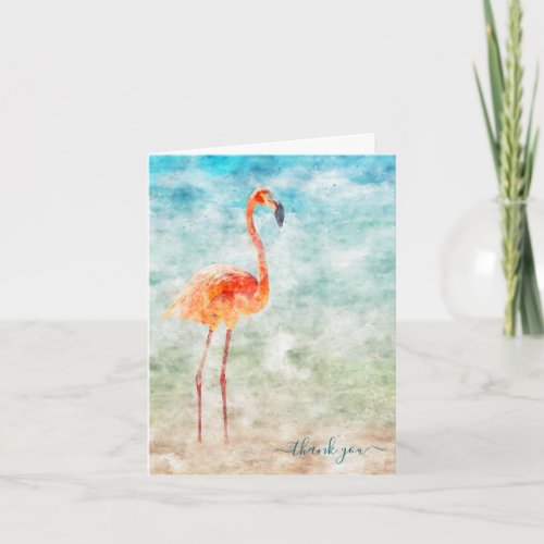 Tropical Watercolor Seashore Flamingo Thank You Card