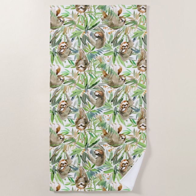 Tropical Watercolor Sloth Pattern Beach Towel (Front)