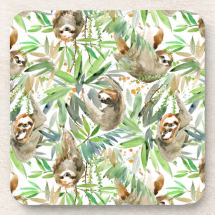 Tropical Watercolor Sloth Pattern Beverage Coaster
