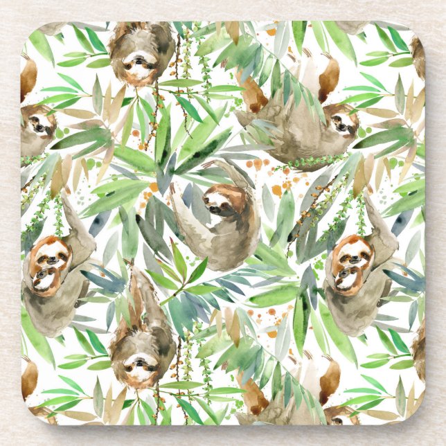 Tropical Watercolor Sloth Pattern Beverage Coaster (Front)