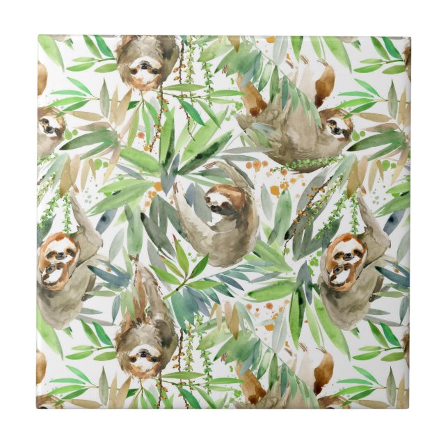 Tropical Watercolor Sloth Pattern Ceramic Tile (Front)