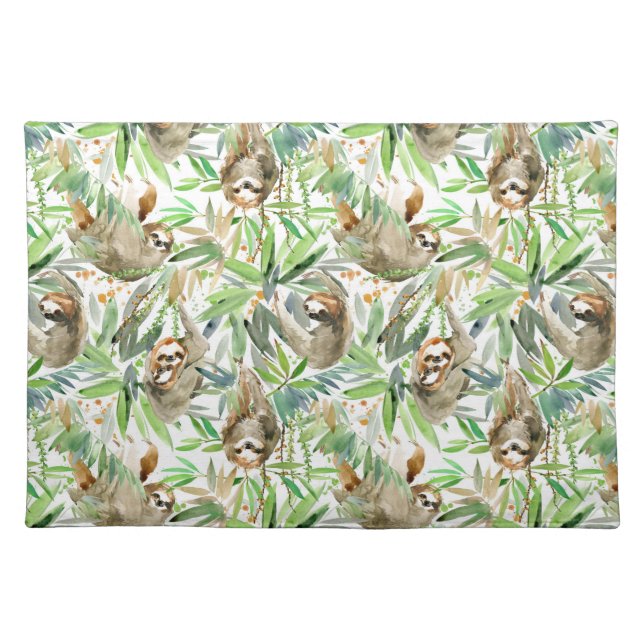 Tropical Watercolor Sloth Pattern Cloth Placemat (Front)