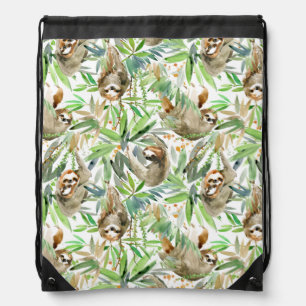 Tropical Watercolor Sloth Pattern Drawstring Bag