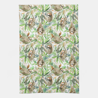 Tropical Watercolor Sloth Pattern Kitchen Towel