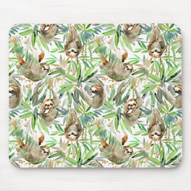 Tropical Watercolor Sloth Pattern Mouse Pad (Front)
