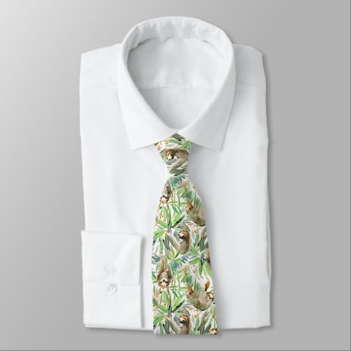 Tropical Watercolor Sloth Pattern Neck Tie