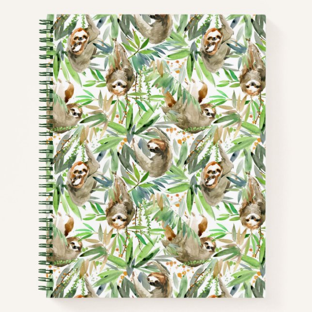 Tropical Watercolor Sloth Pattern Notebook (Front)