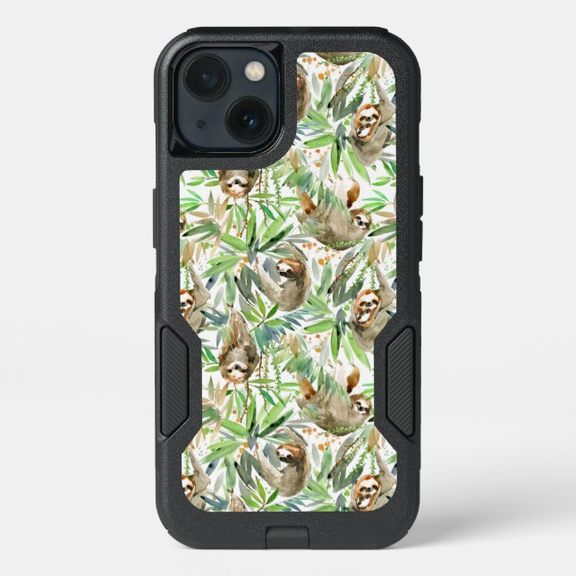 Tropical Watercolor Sloth Pattern Otterbox iPhone Case (Back)
