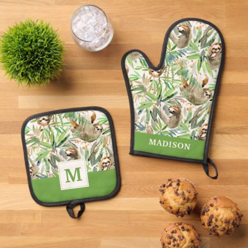 Tropical Watercolor Sloth Pattern Oven Mitt  Pot Holder Set