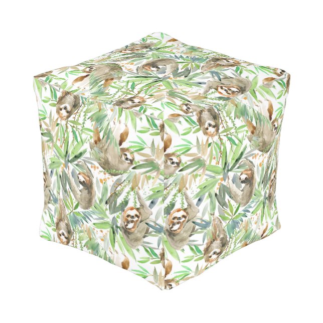 Tropical Watercolor Sloth Pattern Pouf (Angled Back)