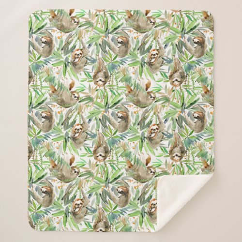 Tropical Watercolor Sloth Pattern Sherpa Blanket