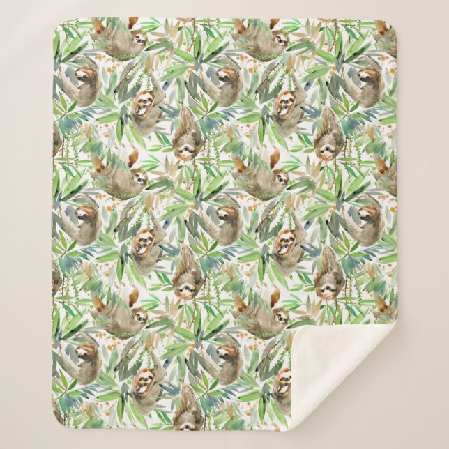 Tropical Watercolor Sloth Pattern Sherpa Blanket (Front)