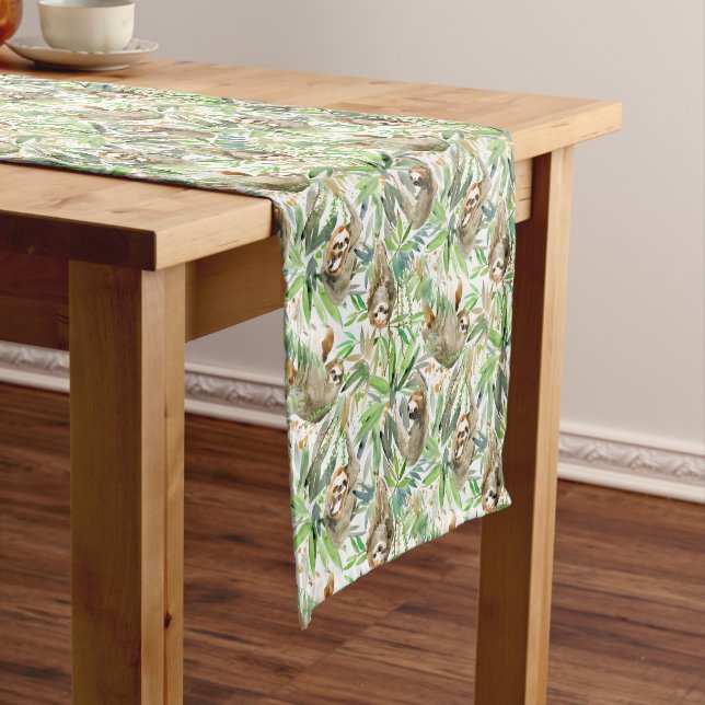 Tropical Watercolor Sloth Pattern Short Table Runner (In Situ)