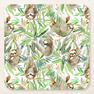 Tropical Watercolor Sloth Pattern Square Paper Coaster