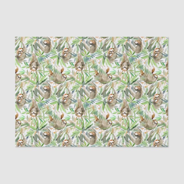 Tropical Watercolor Sloth Pattern Tissue Paper (Front)