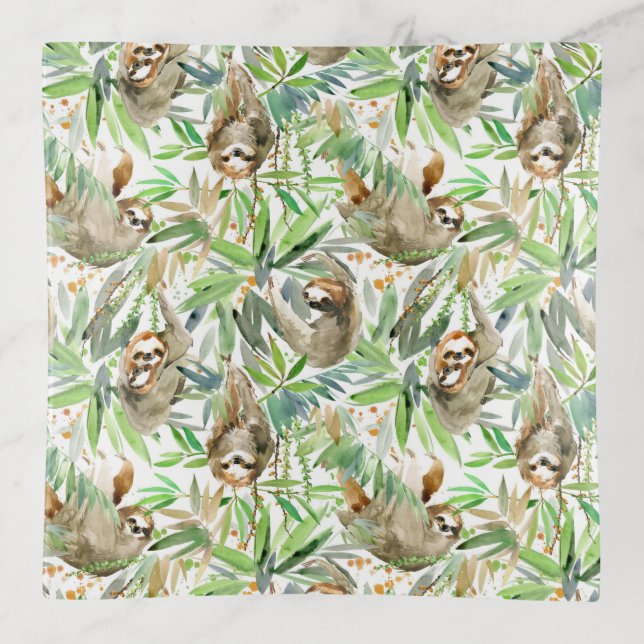 Tropical Watercolor Sloth Pattern Trinket Tray (Front)