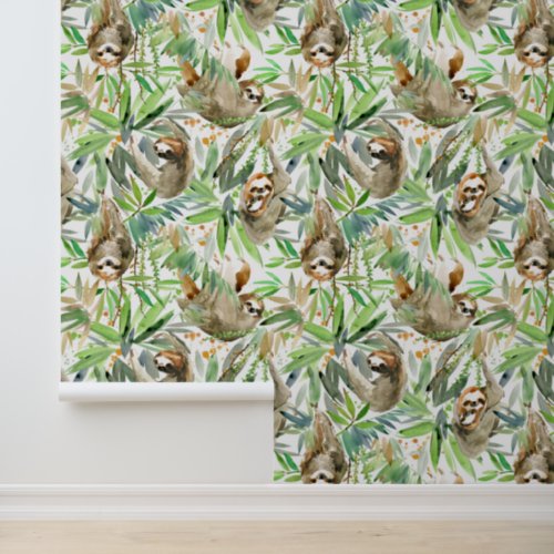 Tropical Watercolor Sloth Pattern Wallpaper