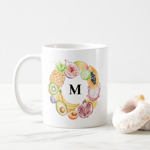 Tropical Watercolor Summer Fruits Wreath Monogram Coffee Mug