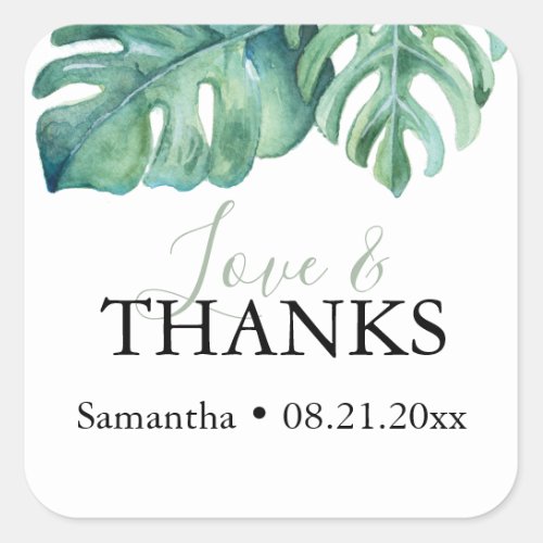 Tropical Watercolor Theme Palm Leaves Square Sticker