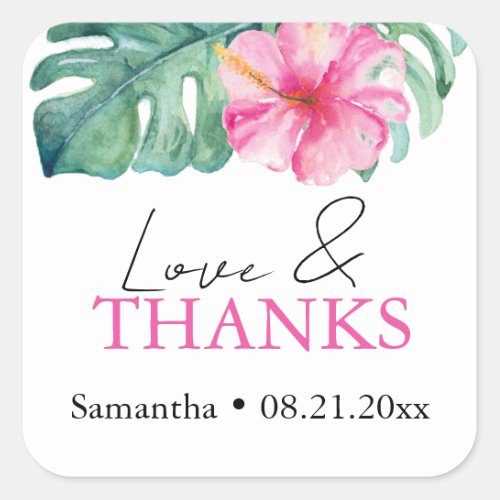 Tropical Watercolor Theme Pink Hibiscus Flower Square Sticker