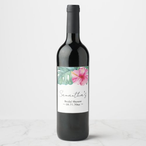 Tropical Watercolor Theme Pink Hibiscus Flower Wine Label