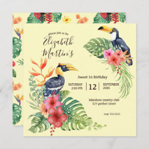 Tropical Watercolor Toucan & Hibiscus Birthday Invitation