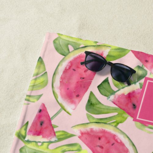 Tropical Watercolor Watermelon Slices Monogrammed Beach Towel
