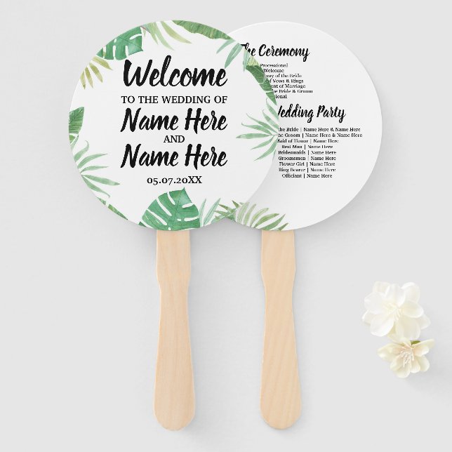 Tropical Watercolor Wedding Programme Hand Fan (Front and Back)