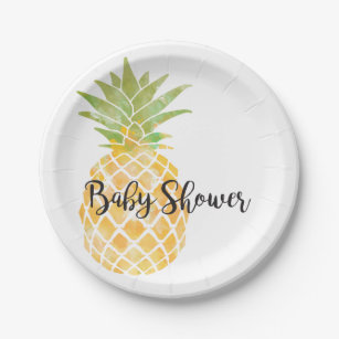 Tropical Watercolor Yellow Pineapple Baby Shower Paper Plates