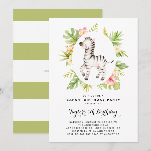 Tropical Watercolor Zebra Safari Kids Birthday Invitation (Front/Back)