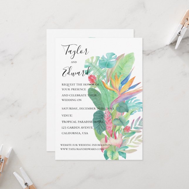 Tropical watercolour exotic botanical foliage invitation (Front/Back In Situ)