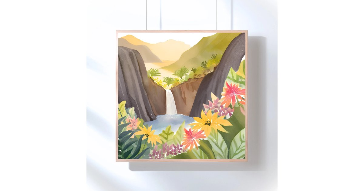 Tropical Waterfall | Floral Watercolor Landscape Poster | Zazzle