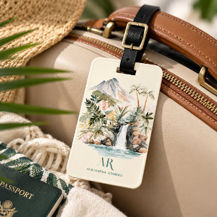 Tropical Waterfall Watercolor Monogram Luggage Tag