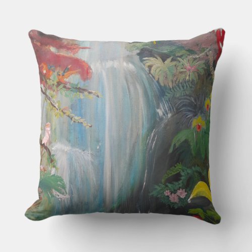 Tropical waterfall with birds  throw pillow