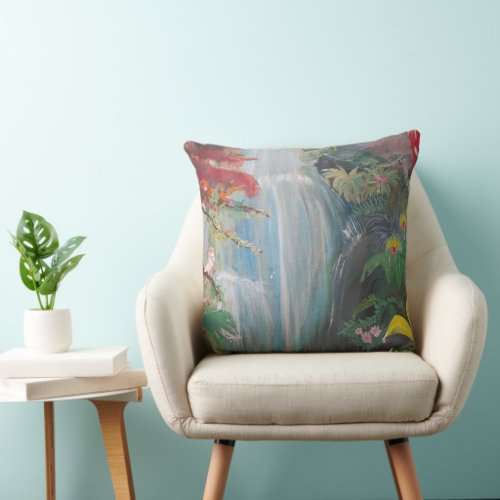 Tropical waterfall with birds  throw pillow