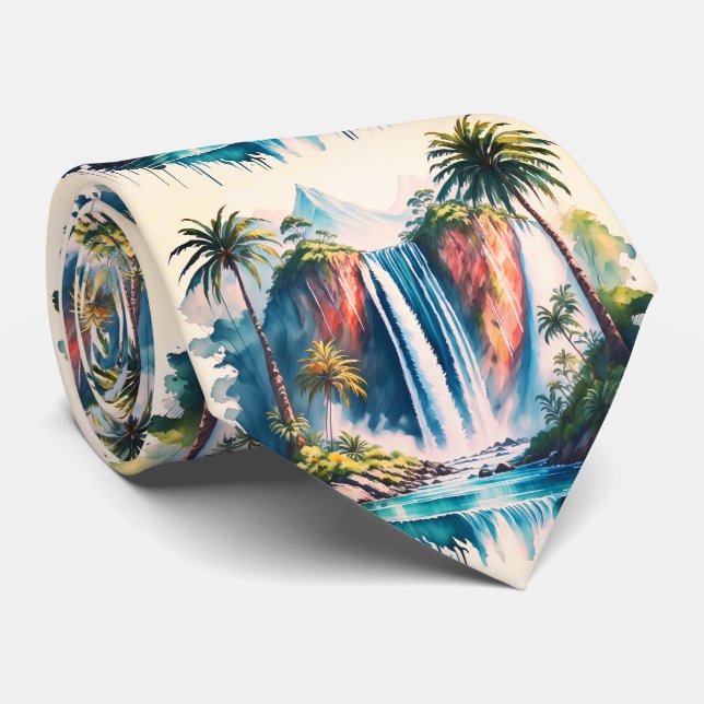 Tropical Waterfall with Palm Trees Neck Tie (Rolled)