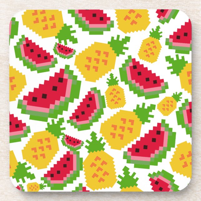 Tropical Watermelon and Pineapple Pixel Pattern Beverage Coaster (Front)