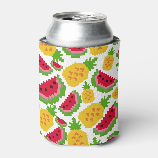 Tropical Watermelon and Pineapple Pixel Pattern Can Cooler (Can Front)