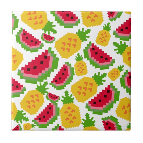 Tropical Watermelon and Pineapple Pixel Pattern Ceramic Tile