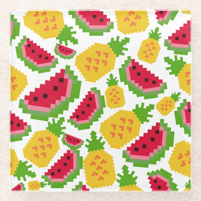 Tropical Watermelon and Pineapple Pixel Pattern Glass Coaster (Front)