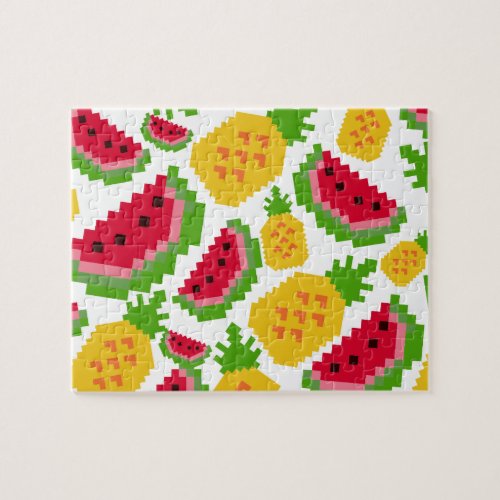 Tropical Watermelon and Pineapple Pixel Pattern Jigsaw Puzzle