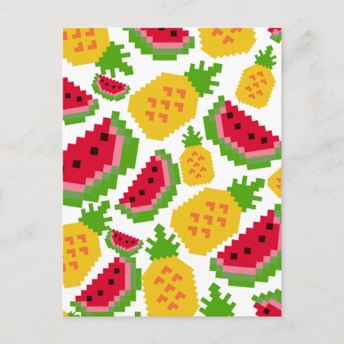 Tropical Watermelon and Pineapple Pixel Pattern Postcard