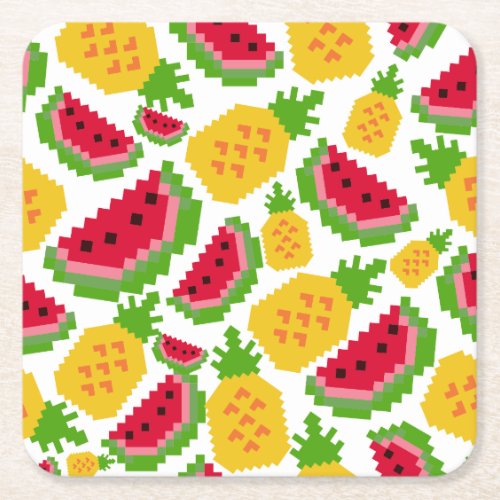 Tropical Watermelon and Pineapple Pixel Pattern Square Paper Coaster