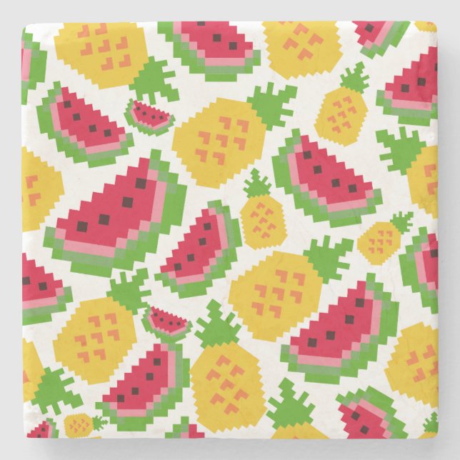 Tropical Watermelon and Pineapple Pixel Pattern Stone Coaster (Front)