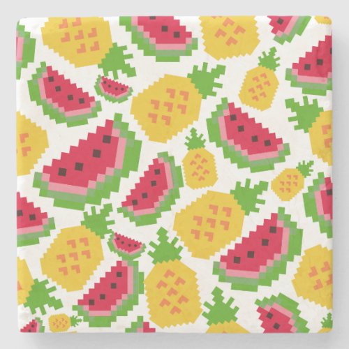 Tropical Watermelon and Pineapple Pixel Pattern Stone Coaster